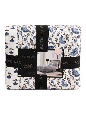 RACHEL ZOE Blue Floral Cotton Reversible Quilt Set
